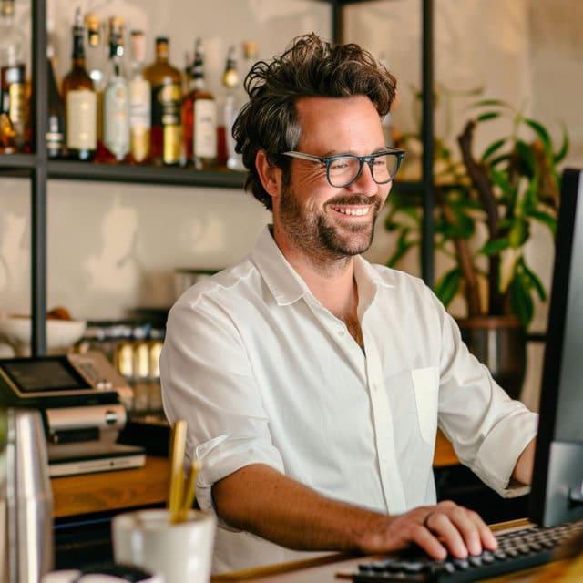 Imprenditore Locale all'interno della sua attivit&agrave; davanti al pc